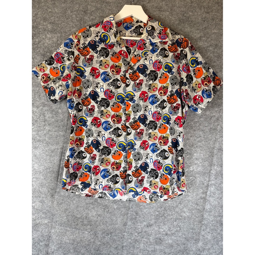 NFL Mens Large Gray Multi Color Helmet Print Short Sleeve Button Down Shirt
